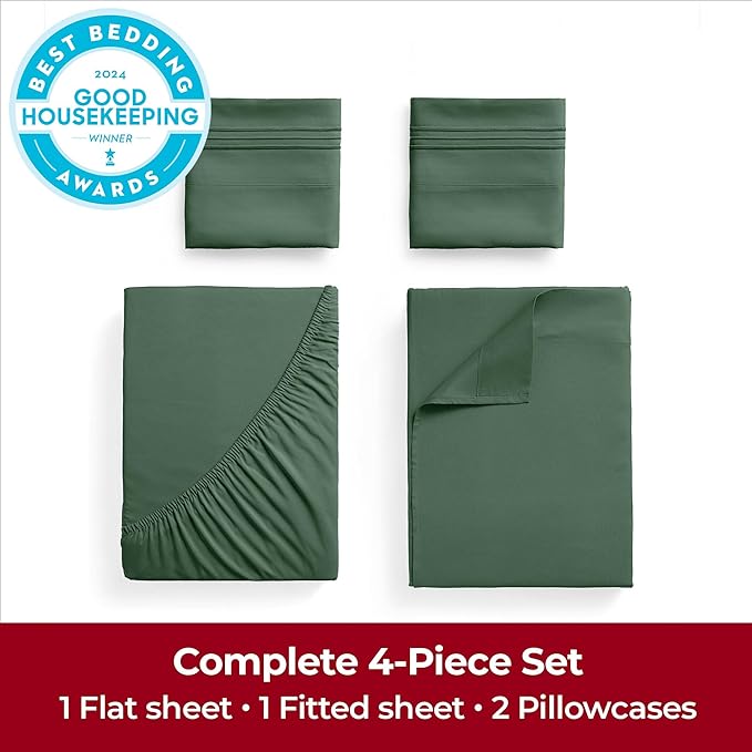 Mellanni Extra Deep Queen Sheets - 4 PC Iconic Collection Bedding Sheets & Pillowcases - Hotel Luxury, Ultra Soft, Cooling Bed Sheets - Extra Deep Pocket up to 21 inch (Queen, Emerald Green) - LeafyLoom