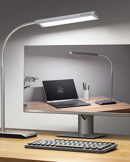 LED Desk Lamp, 12W Reading Desk Lamp for Office Home with 60 Lighting Modes, Touch Control & Timer Function, 750LM Bright Eye-Caring Gooseneck Desk Light Table Lamp for Study, Work, Silver - LeafyLoom