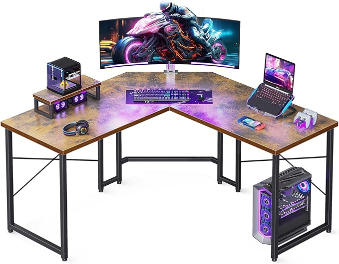 Casaottima L Shaped Gaming Desk with Monitor Stand, Corner Desk Gaming Table for Home Office, Computer Desk Sturdy Writing Workstation for Small Space, 51 inch, Rustic Brown - LeafyLoom