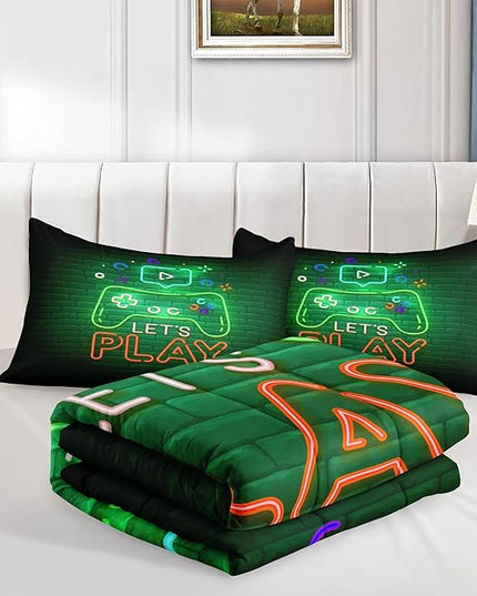 Boys Gamer Comforter Sets,6 PCS Gaming Bedding Set for Boys,Kids Comforter Sets for Boys,Twin Comforter Sets for Boys,Bed in A Bag with Sheets(Twin,Green Color) - LeafyLoom