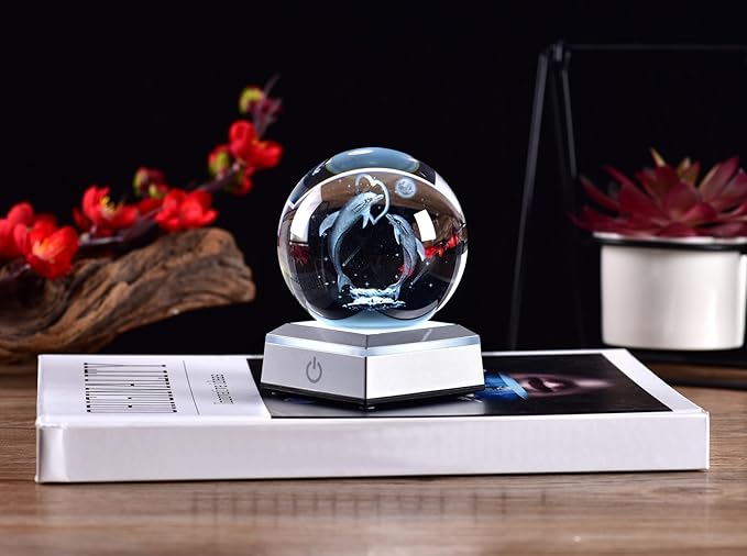 3D Crystal Ball Dolphin Model, with Led Lamp Stand, 3.15'' Dolphin Glass Ball Decor, Engraved Crystal Sphere with Gift Box, 6 Color Light, Romantic Gifts for Kids Friends Birthday - LeafyLoom