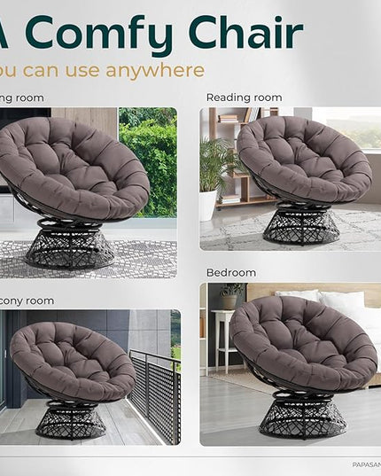 Bme 40" Ergonomic Wicker Papasan Chair with Soft Thick Density Fabric Cushion, High Capacity Steel Frame, 360 Degree Swivel for Living, Bedroom, Reading Room, Lounge, Smoky Quartz - Black Base - LeafyLoom