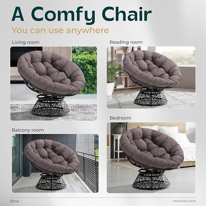 Bme 40" Ergonomic Wicker Papasan Chair with Soft Thick Density Fabric Cushion, High Capacity Steel Frame, 360 Degree Swivel for Living, Bedroom, Reading Room, Lounge, Smoky Quartz - Black Base - LeafyLoom