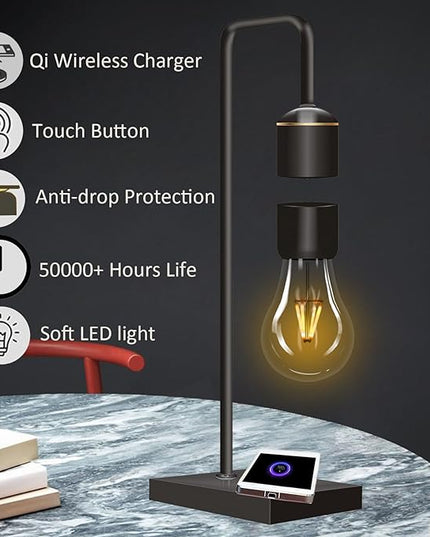 Magnetic Levitating Light Bulb with Luxury Wireless Charging Pad (Apple/Android) Levitation Plastic Black Floating Table Lamp White LED Night Light for Bedrooms Desk Toys Office Gifts - LeafyLoom