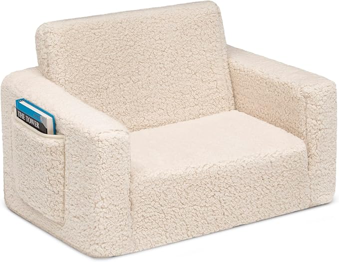 Delta Children Cozee Flip-Out Sherpa 2-in-1 Convertible Chair to Lounger for Kids, Cream - LeafyLoom