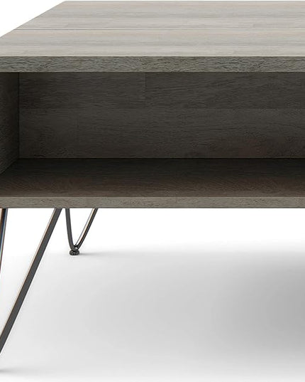 SIMPLIHOME Hunter SOLID MANGO WOOD and Metal 48 Inch Wide Rectangle Industrial Lift Top Coffee Table in Grey, For the Living Room and Family Room - LeafyLoom