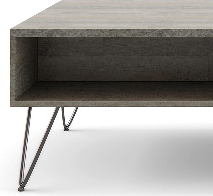 SIMPLIHOME Hunter SOLID MANGO WOOD and Metal 48 Inch Wide Rectangle Industrial Lift Top Coffee Table in Grey, For the Living Room and Family Room - LeafyLoom