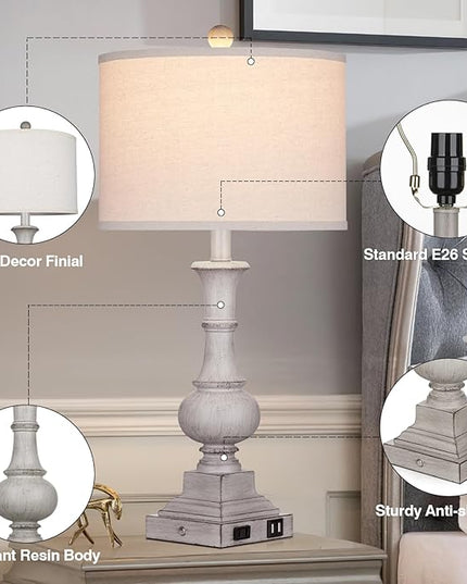 26" Farmhouse Table Lamps Set of 2, Rustic Touch Control Bedside Lamps with 2 USB Ports & AC Outlet, Vintage Resin 3-Way Dimmable Nightstand Lamp Linen Fabric Shade for Living Room Bedroom Decor Gray - LeafyLoom