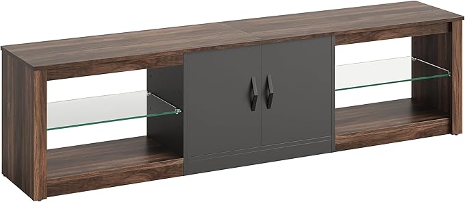 Bestier 70 inch Gaming Entertainment Center with Adjustable Glass Shelves for 75 inch TV, Large Led TV Stand with Two Cabinets, Modern Television Stand for Living Room, Bedroom, Walnut - LeafyLoom