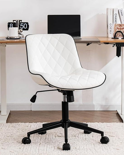 YOUNUOKE Comfortable Desk Chair, Home Office Chairs with Wheels, Armless Samll Comfy Vanity Chairs, PU Leather Computer Task Work Desk Chairs, White - LeafyLoom