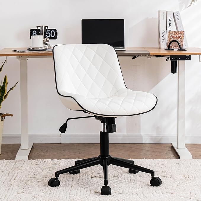 YOUNUOKE Comfortable Desk Chair, Home Office Chairs with Wheels, Armless Samll Comfy Vanity Chairs, PU Leather Computer Task Work Desk Chairs, White - LeafyLoom