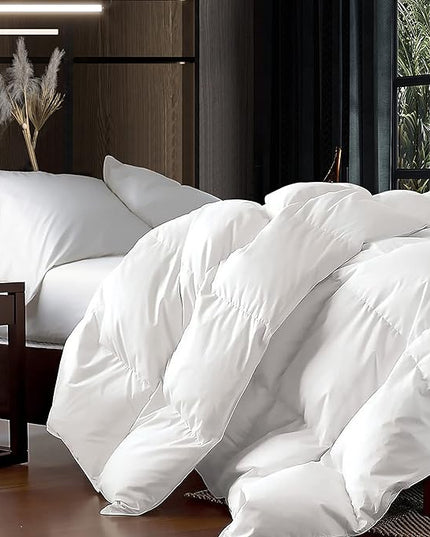 Luxurious Queen Size Goose Down Fiber Waterfowl Feather Fiber Comforter Duvet, 100% Egyptian Cotton Cover, 48 oz. Fill Weight, Baffle Box Design, White Solid - LeafyLoom