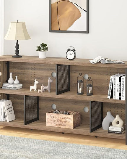 LVB Industrial Horizontal Bookshelf, 4 5 6 7 8 Cube Storage Organizer Bookcase, Modern Wide Large Book Shelf for Bedroom Living Room, Rustic Low Long Wood Metal Office Cubby Shelf, Rustic Oak, 63 Inch - LeafyLoom