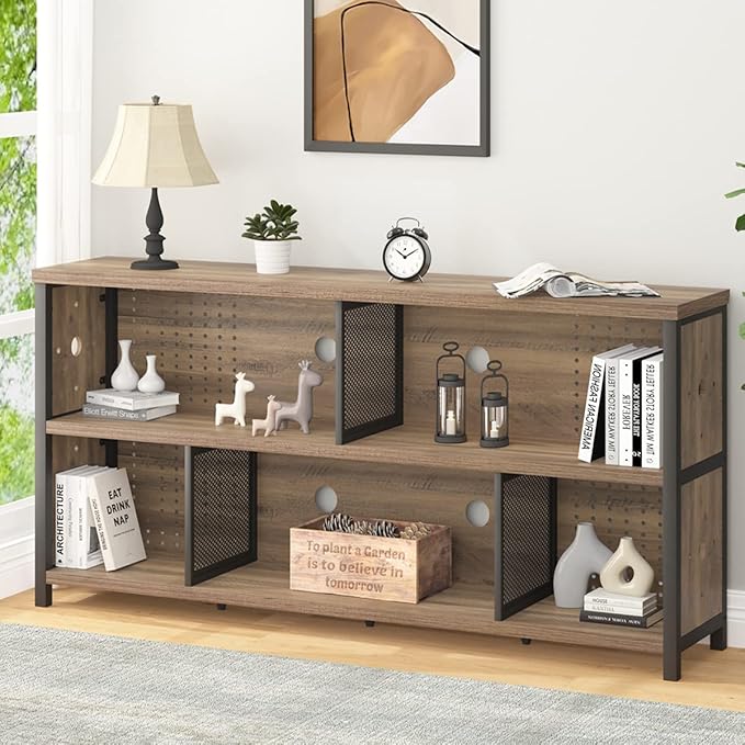 LVB Industrial Horizontal Bookshelf, 4 5 6 7 8 Cube Storage Organizer Bookcase, Modern Wide Large Book Shelf for Bedroom Living Room, Rustic Low Long Wood Metal Office Cubby Shelf, Rustic Oak, 63 Inch - LeafyLoom