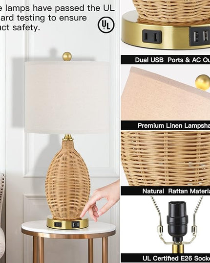 Touch Control Rattan Table Lamps, 3 Way Dimmable Bedside Lamps for Bedroom Set of 2 with 2 USB Ports and AC Outlet, Gold Wicker Nightstand Lamps for Living Room Office (LED Bulbs Included) - LeafyLoom