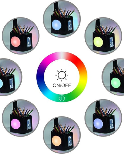 wanjiaone LED Desk Lamp with Clock,Color Changing Nightlight,Study Lamp with Pen Holder,Desk Light with USB Charger,Table Light for Home,Office,Gift for Kids,Students,Women,Black - LeafyLoom