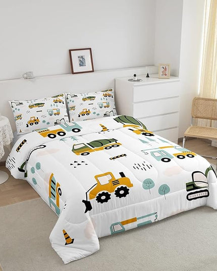 Excavator Kids Comforter Construction Trucks Comforter Set for Boys Teens Heavy Vehicles Decor Bedding Set Cartoon Cars Green Orange Quilt Set with 2 Pillowcases 3Pcs Bedding Full - LeafyLoom