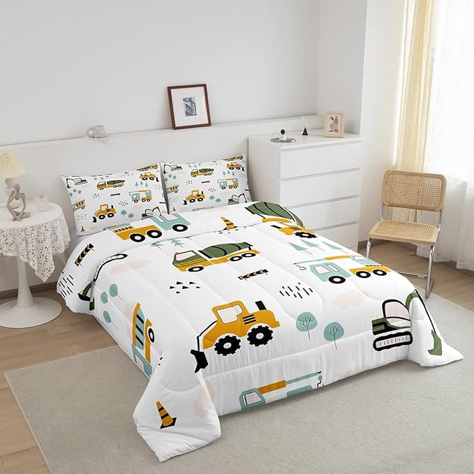 Excavator Kids Comforter Construction Trucks Comforter Set for Boys Teens Heavy Vehicles Decor Bedding Set Cartoon Cars Green Orange Quilt Set with 2 Pillowcases 3Pcs Bedding Full - LeafyLoom