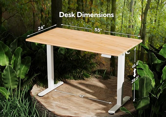 Bamboo Electric Standing Desk, 55x24 Inches Adjustable Height Stand up Desk with Whole Piece Desktop, Sit Stand Home Office Desk White Frame/Bamboo Top - LeafyLoom