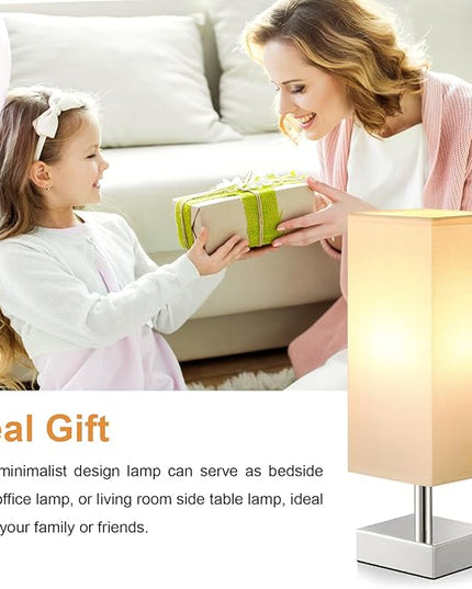 White Small Table Lamp for Bedroom - Bedside Lamps for Nightstand, Minimalist Night Stand Lamp with Square Fabric Shade, Desk Reading Lamp for Kids Room Living Room Office with Sliver Base - LeafyLoom