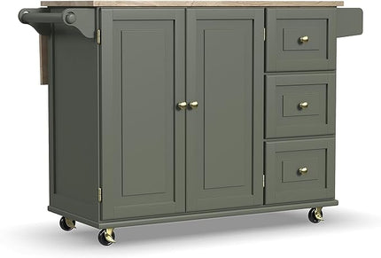 Homestyles Mobile Kitchen Island Cart with Wood Top and Dropleaf Breakfast Bar, 18" D x 53.5" W x 36" H, Green - LeafyLoom