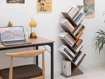 Labcosi 8 Tier Tree Bookshelf, Floor Standing Wood Tree Bookcase, Tall Book Storage Rack for Books/CDs, Book Organizer Shelves for Home Office, Bedroom, Living Room - LeafyLoom
