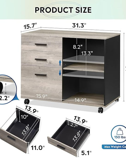 DEVAISE 3-Drawer Wood File Cabinet, Mobile Lateral Filing Cabinet, Printer Stand with Open Storage Shelves for Home Office, Greige - LeafyLoom
