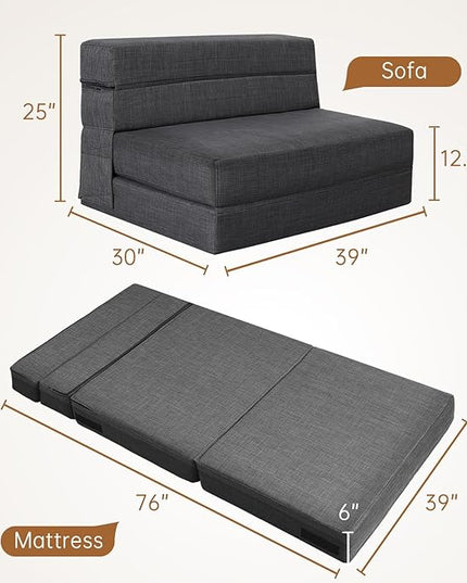 Convertible Sleeper Chair Bed with Pillow Memory Foam Fold Sofa Bed Couch Futon Lazy for Living Room/Home Office/Guest Beds/Apartment/Upstairs Loft,Twin Size,Dark Gray - LeafyLoom