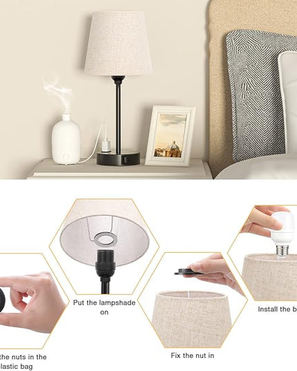 Mini Bedside Lamps for Bedrooms Set of 2 - Nightstand Bedroom Lamps with USB C Port and AC Outlet Charging, Dimmable Touch Small Bed Side Table Lamp, Black Night Stand Light for Kids/Guest Room - LeafyLoom