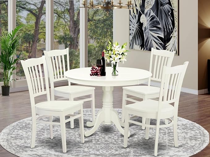 East West Furniture HLGR5-LWH-W 5 Piece Dining Room Furniture Set Includes a Round Dining Table with Pedestal and 4 Wood Seat Chairs, 42x42 Inch, Linen White - LeafyLoom