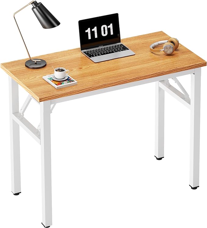 Need Small Computer Desk 31.5 inches Folding Table No Assembly Sturdy Small Writing Desk Folding Desk for Small Spaces, Teak & White AC5-8040-BW - LeafyLoom