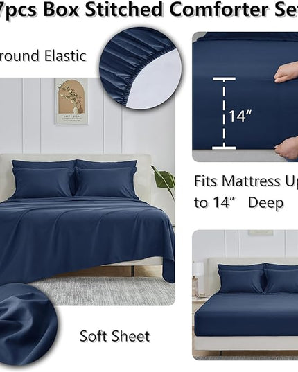 CozyLux Full Size Comforter Sets - 7 Pieces Bed in a Bag Set Navy Blue Full, Complete Bedding Sets Bed Set for All Season with Comforter, Flat Sheets, Fitted Sheet, Pillowcases & Shams - LeafyLoom