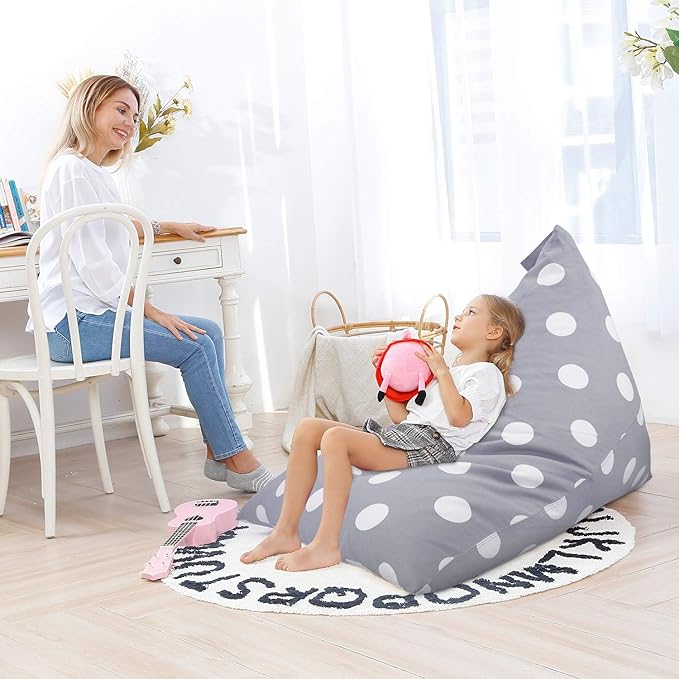 Aubliss Stuffed Animal Storage Bean Bag Chair Cover, 50"x 35" Extra Large Bean Bags for Kids & Adults, Beanbag Toy Storage for Boys Girls - Premium Cotton Canvas Grey Dot - LeafyLoom