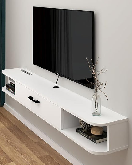 Floating TV Unit, 63'' Wall Mounted TV Cabinet, Floating Shelves with Door, Modern Entertainment Media Console Center Large Storage TV Bench for Living Room & Office (62.99IN, White) - LeafyLoom