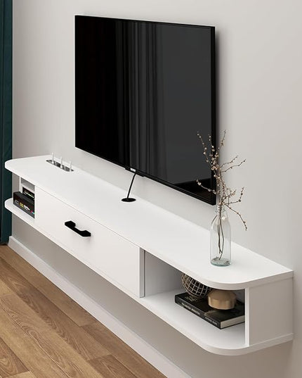 Floating TV Unit, 71'' Wall Mounted TV Cabinet, Floating Shelves with Door, Modern Entertainment Media Console Center Large Storage TV Bench for Living Room & Office (70.86IN, White) - LeafyLoom