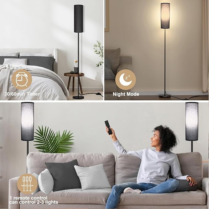 Floor Lamp for Living Room Bedroom, Modern Floor Lamp with Remote,Stepless Dimmable 12W Bulb Included,Standing Lamps LED Tall Lamp for Bedroom Office(Black) - LeafyLoom