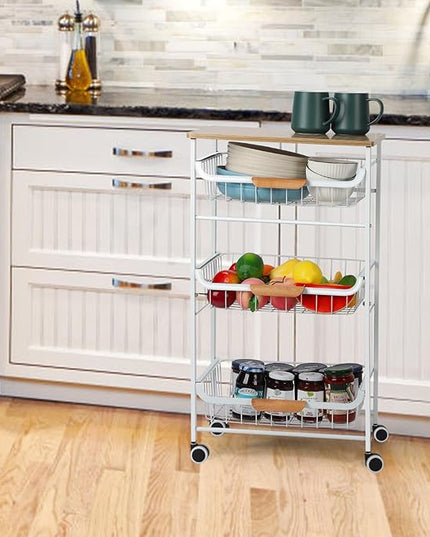 Kitchen Storage Rolling Cart on Wheels, 4 Tier Metal Rolling Utility Cart Mesh Basket Pantry Cart Rack with Wooden Tabletop for Fruit Vegetable Onion Potato Storage, White - LeafyLoom