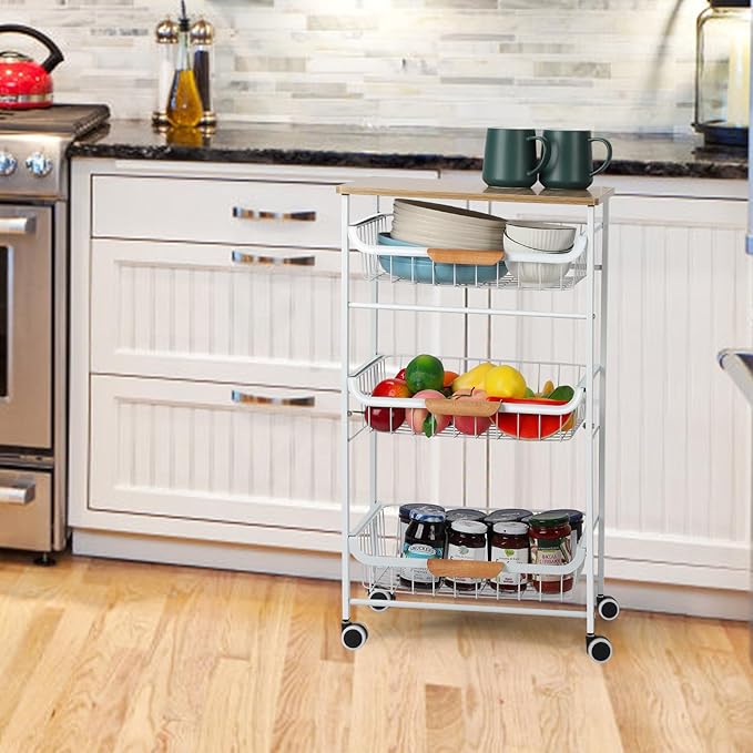 Kitchen Storage Rolling Cart on Wheels, 4 Tier Metal Rolling Utility Cart Mesh Basket Pantry Cart Rack with Wooden Tabletop for Fruit Vegetable Onion Potato Storage, White - LeafyLoom