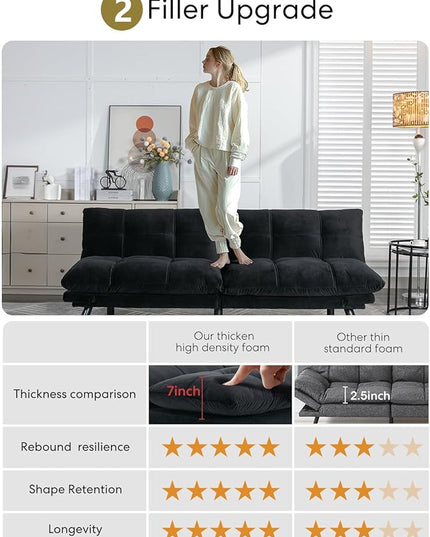 Velvet Convertible Futon Sofa Bed, 71" Comfy Loveseat Sleeper Sofa with Adjustable Backrest Armrest, Strengthen Wood, 7" Thick Padded Cushion, Small 2 Seater Couch for Living Room, Bedroom - LeafyLoom