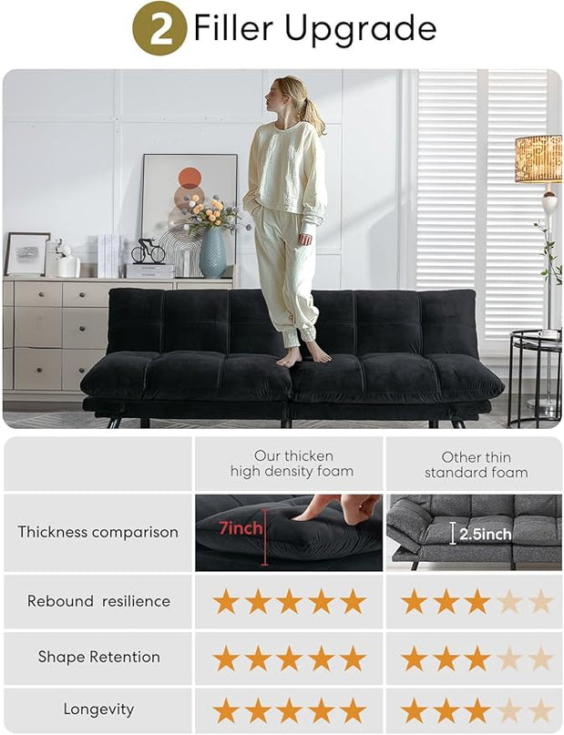 Velvet Convertible Futon Sofa Bed, 71" Comfy Loveseat Sleeper Sofa with Adjustable Backrest Armrest, Strengthen Wood, 7" Thick Padded Cushion, Small 2 Seater Couch for Living Room, Bedroom - LeafyLoom
