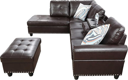 ROOMTEC Modern L Shaped Sectional Sofa with Storage Ottoman, Left Facing Chaise Longue, Reversible Backrest w/ 2 Cup Holders, Faux Leather Tufted Cushions, for Living Room, Apartment, Brown - LeafyLoom