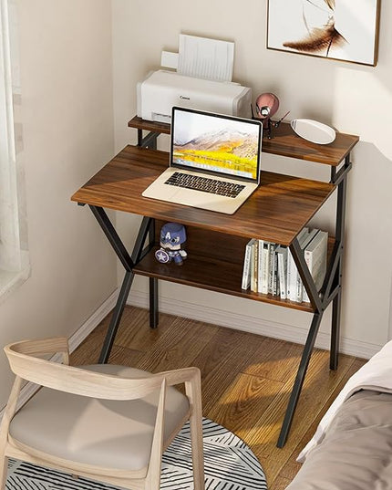 ODK Small Desk, 27.5 Inch Small Computer Desk for Small Spaces, Compact Desk with Storage, Tiny Desk Study Desk with Monitor Stand for Home Office, Espresso - LeafyLoom