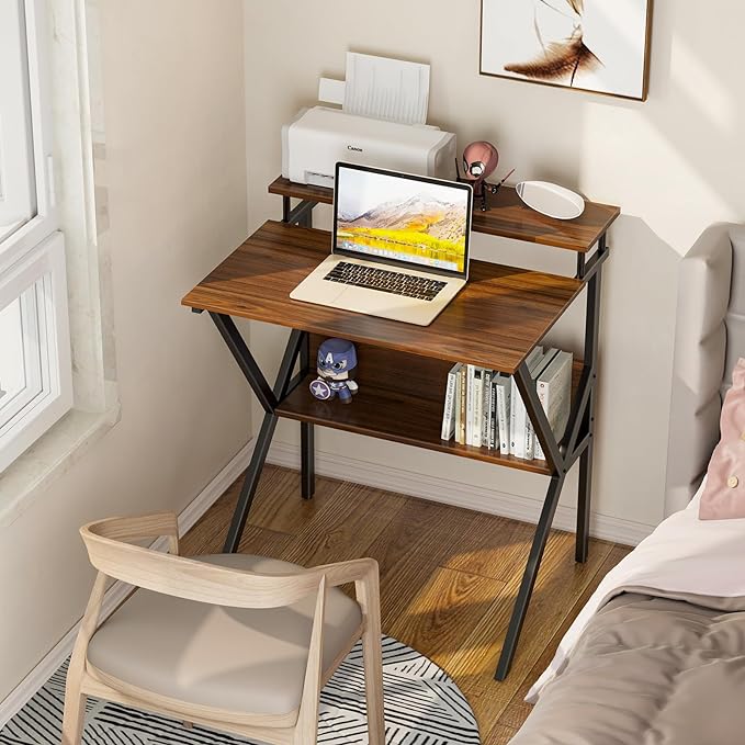 ODK Small Desk, 27.5 Inch Small Computer Desk for Small Spaces, Compact Desk with Storage, Tiny Desk Study Desk with Monitor Stand for Home Office, Espresso - LeafyLoom