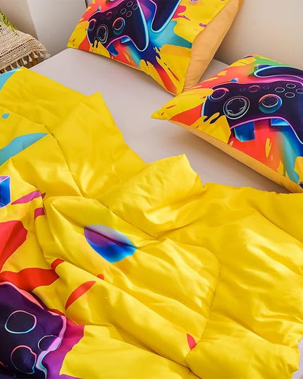 Aimuan Gamer Gaming Bedding Sets 3D Gamepad Comforter Sets for Boys Games Console Action Buttons Novelty Colorful Game Controller Modern Room Decor Home Quilt Set (Full, Yellow) - LeafyLoom