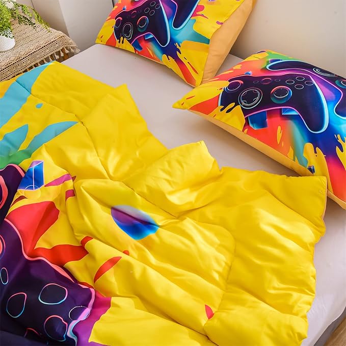 Aimuan Gamer Gaming Bedding Sets 3D Gamepad Comforter Sets for Boys Games Console Action Buttons Novelty Colorful Game Controller Modern Room Decor Home Quilt Set (Full, Yellow) - LeafyLoom