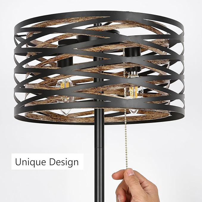 Industrial Floor Lamp for Living Room Black Standing Lamp Farmhouse Stand Up Lamp with Pull Chain Switch Tall Lamp for Bedroom Home Decor Vintage Rustic Unique Pole Lamps, Dual E12 Bulbs Included - LeafyLoom
