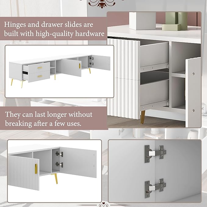 71 Inch TV Stand, Modern Television Stands with Drawers, Cabinets and Open Shelf, Entertainment Center with 5 Champagne Legs for Living Room and Bedroom, White+Gold - LeafyLoom