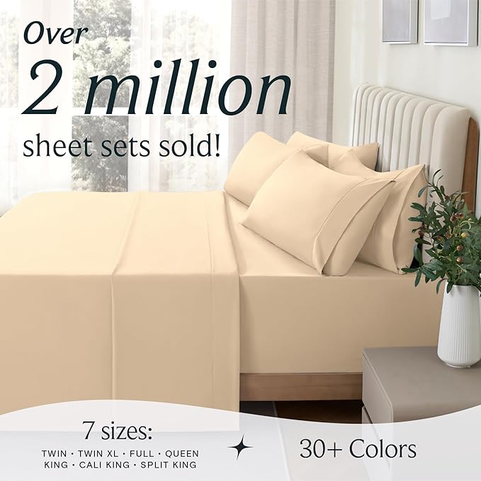 LuxClub 7 PC Split King Sheet Set, Breathable Luxury Bed Sheets, Deep Pockets 18" Eco Friendly Wrinkle Free Cooling Sheets Machine Washable Hotel Bedding Silky Soft - Yellow Split King - LeafyLoom