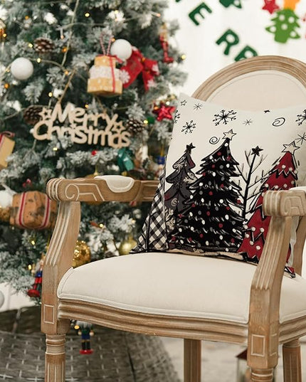 AVOIN colorlife Merry Christmas Joy Xmas Trees Red Throw Pillow Covers, 18 x 18 Inch Christmas Winter Holiday Cushion Case Decoration for Sofa Couch Set of 4 AVOINcolorlife