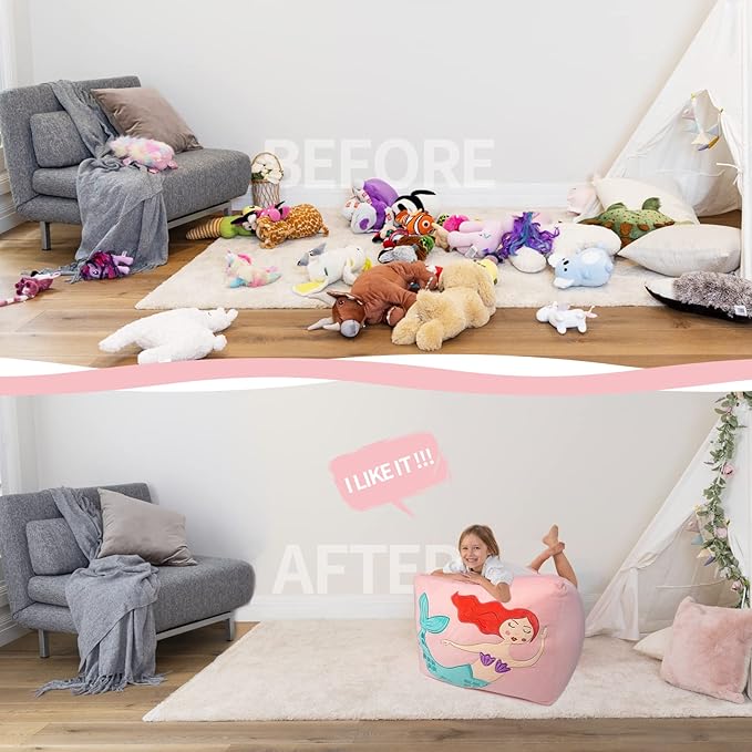 Aubliss Unicorn Stuffed Animal Storage Bean Bag Chair for Kids, Velvet Extra Soft Beanbag Chairs Cover, X-Large Stuffable Zipper Bean Bag for Organizing Plush Toys Girls Bedroom Decor, Pink - LeafyLoom
